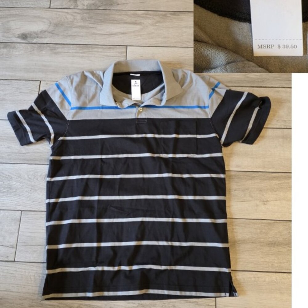 NEW WITH TAGS! New Men's Polo Shirt Men's Large Polo Gray Black Blue Striped